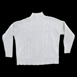 J. Crew Sz L White Mock Neck Cableknit Sweater Preppy Alpine Scandigirl Classic